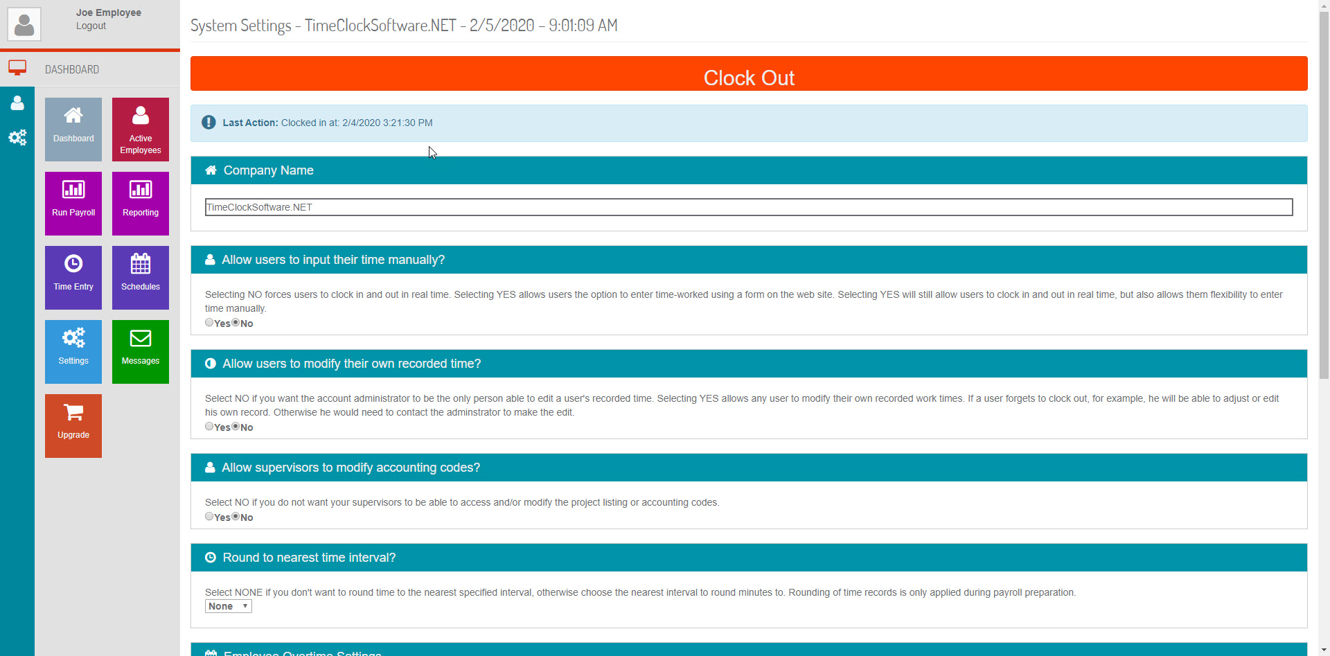 online time clock system configuration