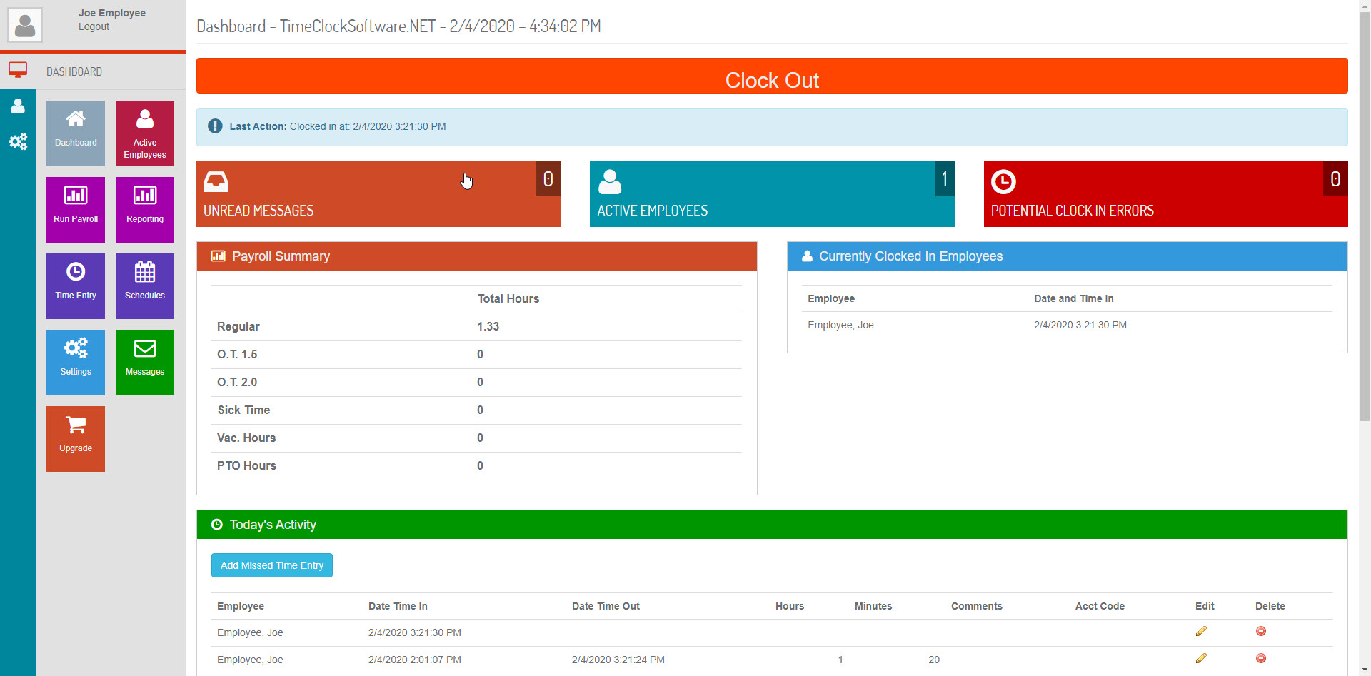 online time clock software dashboard